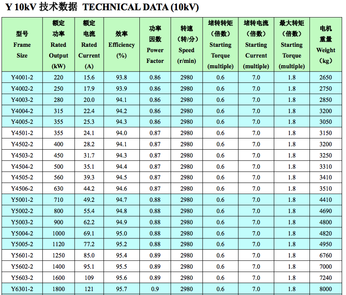 Y10kV中型高壓電機技術(shù)數(shù)據(jù)1